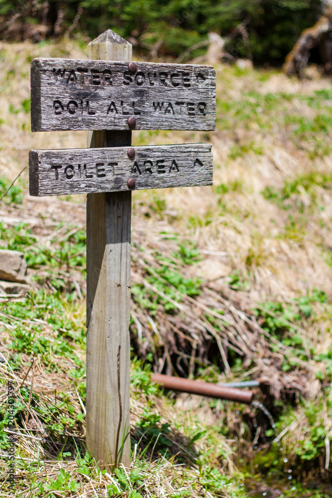 Trail Sign, Toilet Area and Water Source