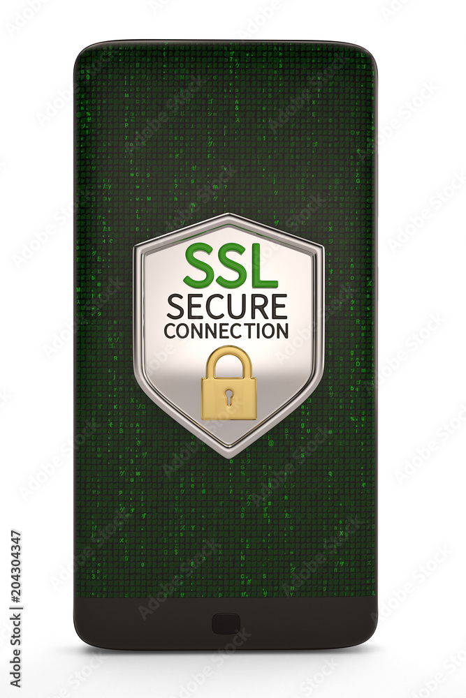 SSL Shield secure design on smart phone screen. 3D illustration.