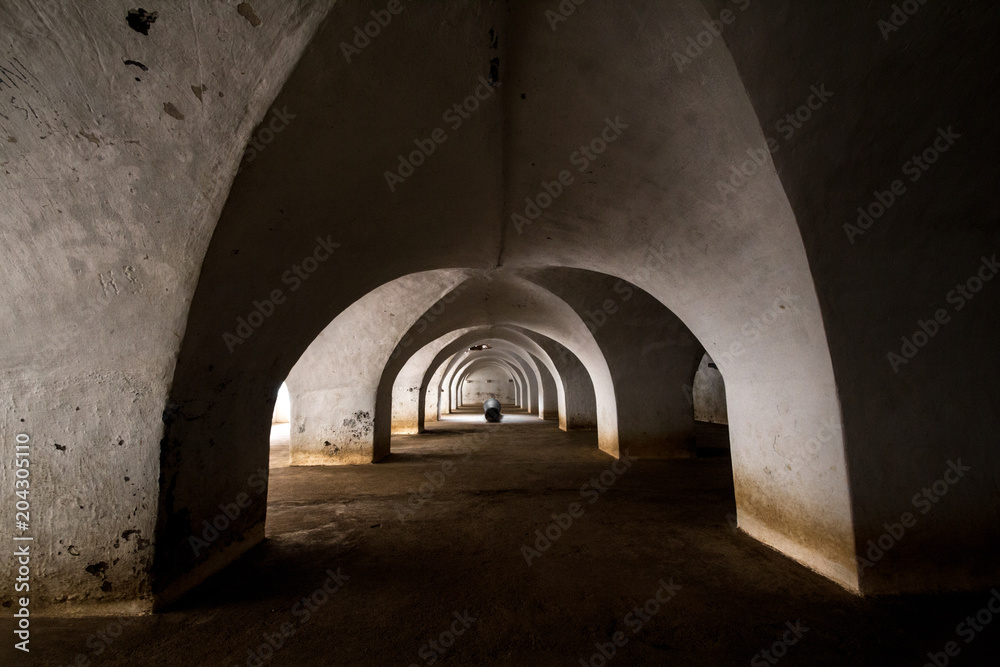 Interior of Colonel Bailey Dungeon - the historical arched fortress of Srirangapatna. Mysore, India. Karnataka.