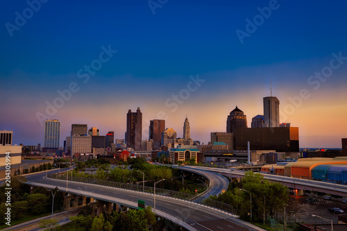 Looking south at the city of Columbus, Ohio skyline during sunset.