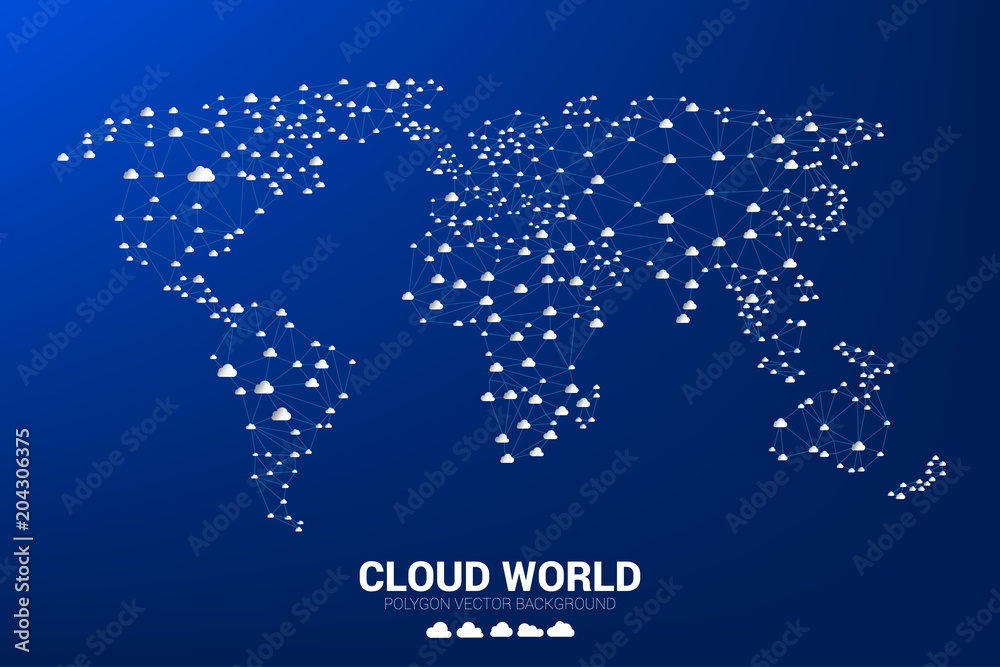 Cloud network World map wireframe polygon dot connect line : concept of cloud computing 