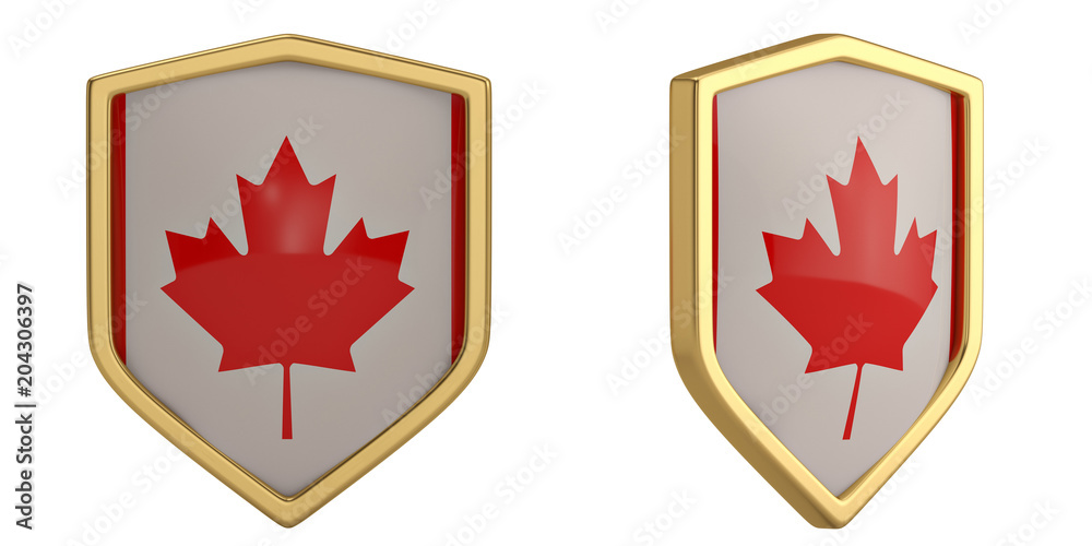 Canada flag shield symbol isolated on white background. 3D illustration. Canada flag shield symbol isolated on white background. 3D illustration.