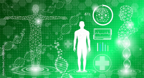 abstract background technology concept in green light,human body heal,technology modern medical science in future and global international medical with tests analysis clone DNA human