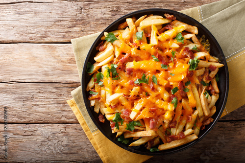 Fotografie Freshly cooked French fries baked with cheddar cheese, bacon and parsley closeup