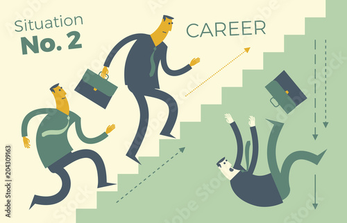 Business infographics, business situations. Career ladder, workers are striving upwards, achieving the goal, career, profession. Way through the ranks. Business people. Vector illustration of a flat.