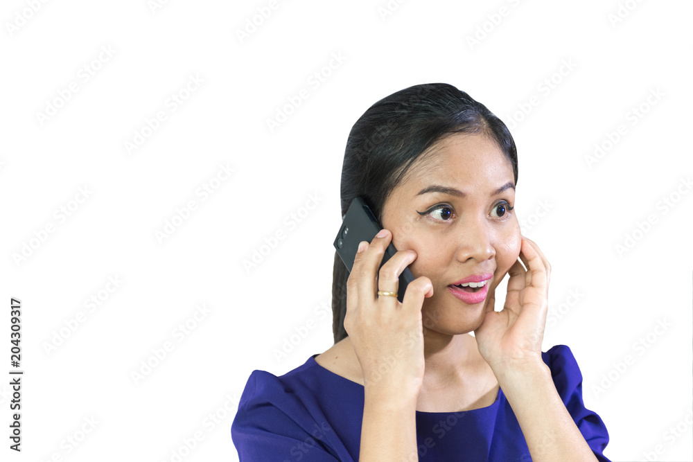 Close up portrait of a happy excited woman talking on mobile phone,Asian Business Woman smiling, Woman stand and showing Smartphone, isolated on white background, Woman working concept. Close up portrait of a happy excited woman talking on mobile phone,Asian Business Woman smiling, Woman stand and showing Smartphone, isolated on white background, Woman working concept.