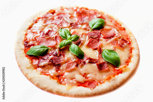 Delicious italian classic original pepperoni pizza isolated on white background, close up.