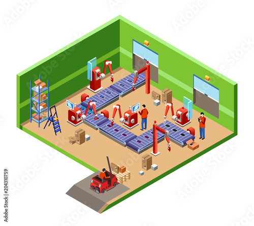 Vector isometric automatic assembly factory robotic line cross section concept. Illustration with electronic device manufacturing factory conveyor system with industrial robot worker, packaging boxes.