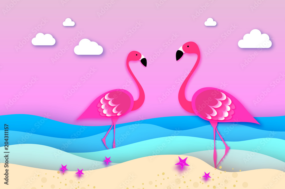 Fototapeta premium Elegant Two Pink birds - Flamingo and lifebuoy in the sea in paper cut style. Origami layered beautiful seascape and sky.