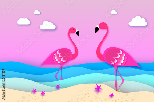 Elegant Two Pink birds - Flamingo and lifebuoy in the sea in paper cut style. Origami layered beautiful seascape and sky. © masherdraws