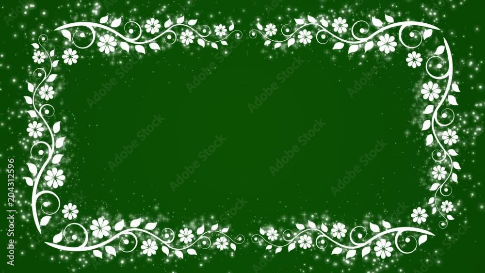 Abstract green background with flower frame and glowing particles Abstract green background with flower frame and glowing particles