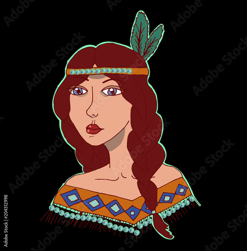Native american indian girl in cartoon style. Vector girl.
