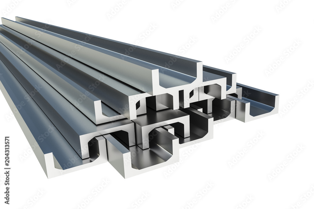 Steel metal profiles in u-bar shape - industry concept Steel metal profiles in u-bar shape - industry concept