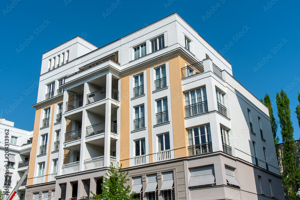 Modern white apartment house seen in Berlin, Germany