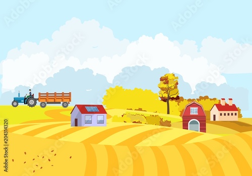 Countryside vector landscape, little houses, cottage, village on hills, concept agriculture theme © Massaget