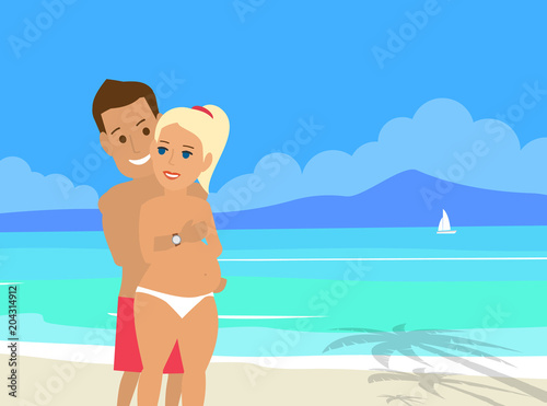 couple man and pregnant woman hug on tropical beach