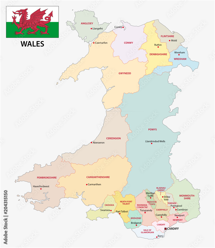 wales administrative and political vector map with flag