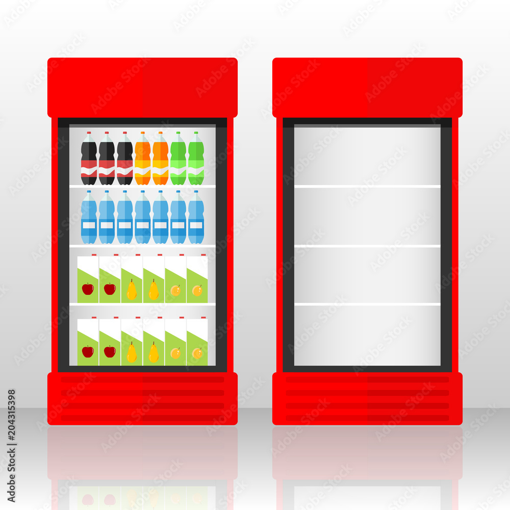 Showcase-refrigerator for juice. Empty and full showcase. Showcase with juice. Showcase-refrigerator for juice. Empty and full showcase. Showcase with juice.