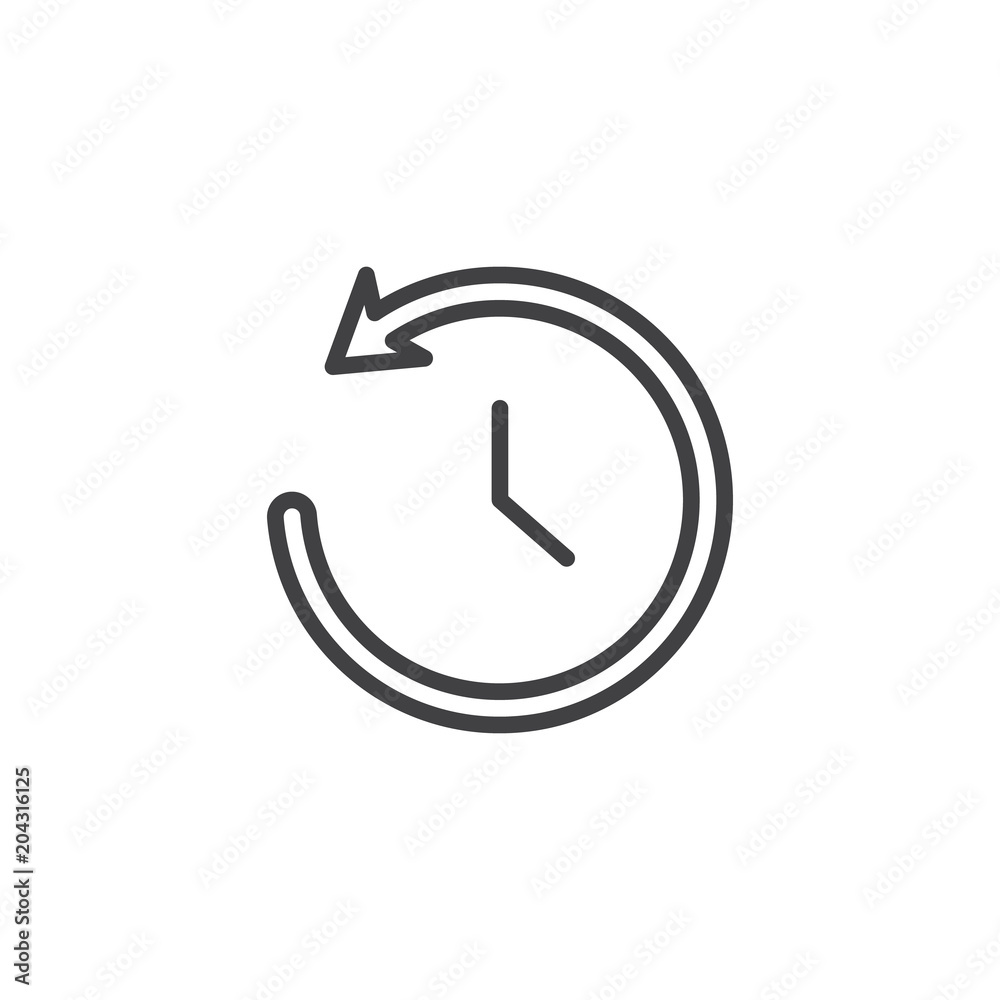 Time back outline icon. linear style sign for mobile concept and web design. Clock with undo arrow simple line vector icon. History symbol, logo illustration. Vector graphics Time back outline icon. linear style sign for mobile concept and web design. Clock with undo arrow simple line vector icon. History symbol, logo illustration. Vector graphics