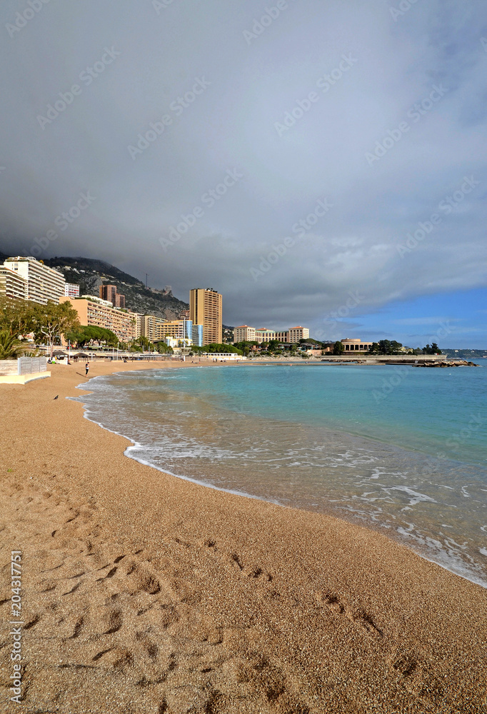 Monaco, Monte Carlo beach on a warm winter day