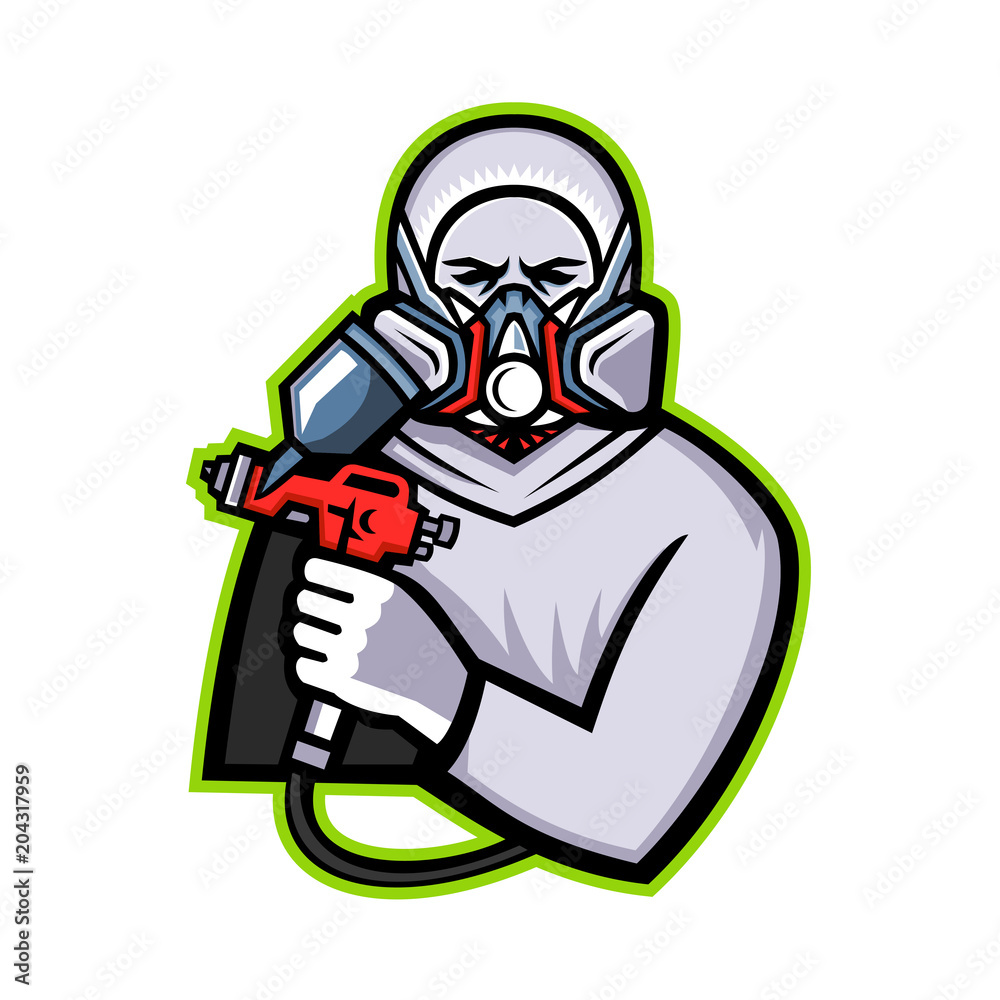 Mascot icon illustration of an Industrial Spray Painter holding spray paint  and wearing mask or paint respirator viewed from front on isolated  background in retro style. Stock ベクター | Adobe Stock