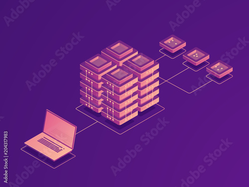 Cloud data storage, internet traffic routing, server room, laptop data flow, data uploading on remote server isometric vector