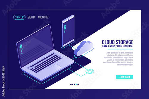 System of cloid file storaging, laptop with smartphone, uploading data on remote server room, backuping isometric vector