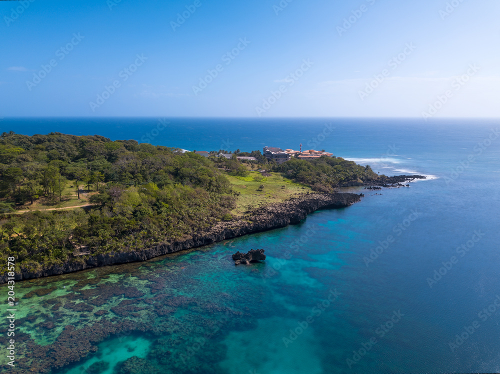 An aerial view of the southwest end of Roatan island Honduras looking south