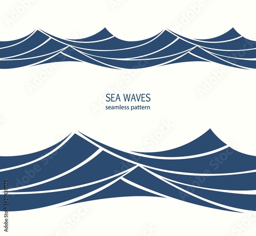 Marine seamless pattern with stylized blue waves on a light back