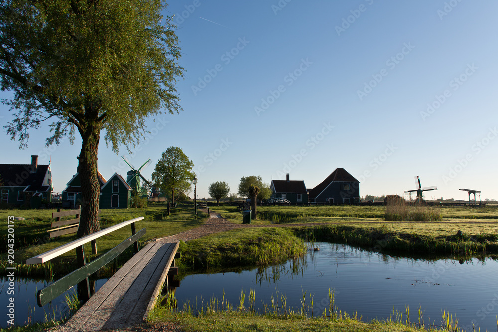 Fototapeta premium View of Zaanse Schans at sunrise, The Netherlands