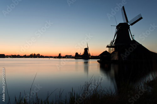 Windmills in Zaanse Schans at dusk, The Netherlands