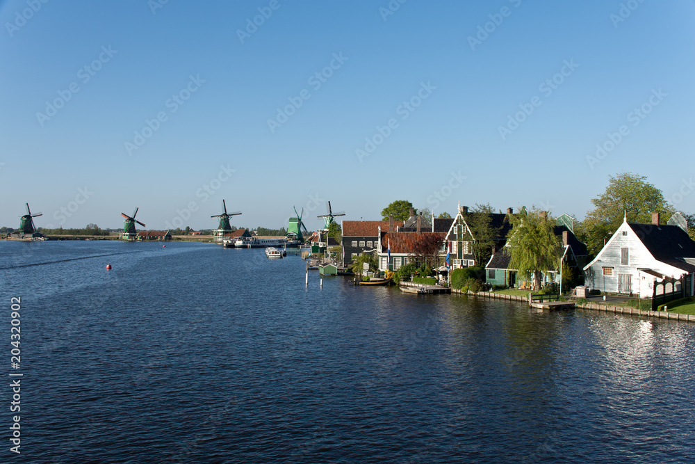 Zaanse Schans and windmills photographed from Juliana bridge, The Netherlands