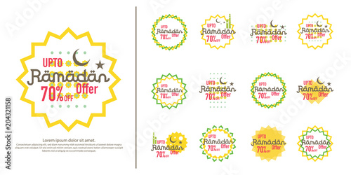 Ramadan sale offer banner set design. Promotion poster, voucher, discount, label, greeting card of Ramadan Kareem and Eid Mubarak celebration. background vector illustration