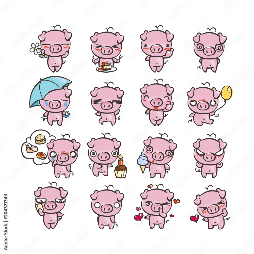 Obraz premium Collection of cutest pig character icon set with different emotions. Vector illustration for new 2019 year.