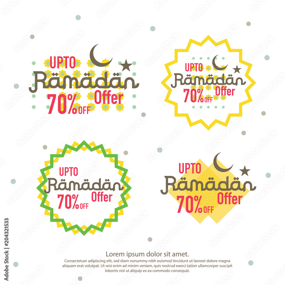 Fototapeta premium Ramadan sale offer banner set design. Promotion poster, voucher, discount, label, greeting card of Ramadan Kareem and Eid Mubarak celebration. background vector illustration