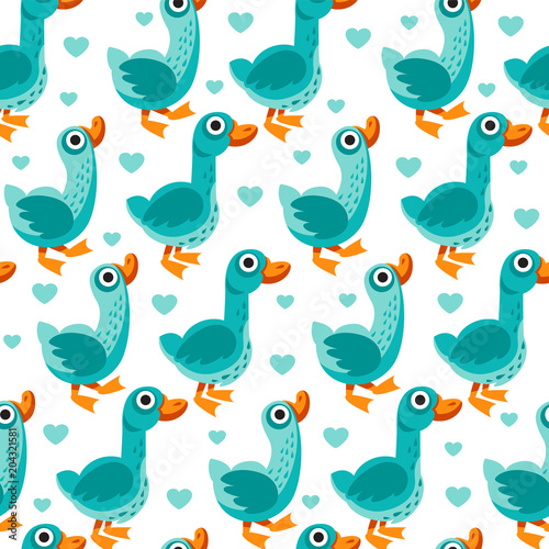 Seamless pattern from farm birds cartoon flat illustration. Duck and goose. Vector background