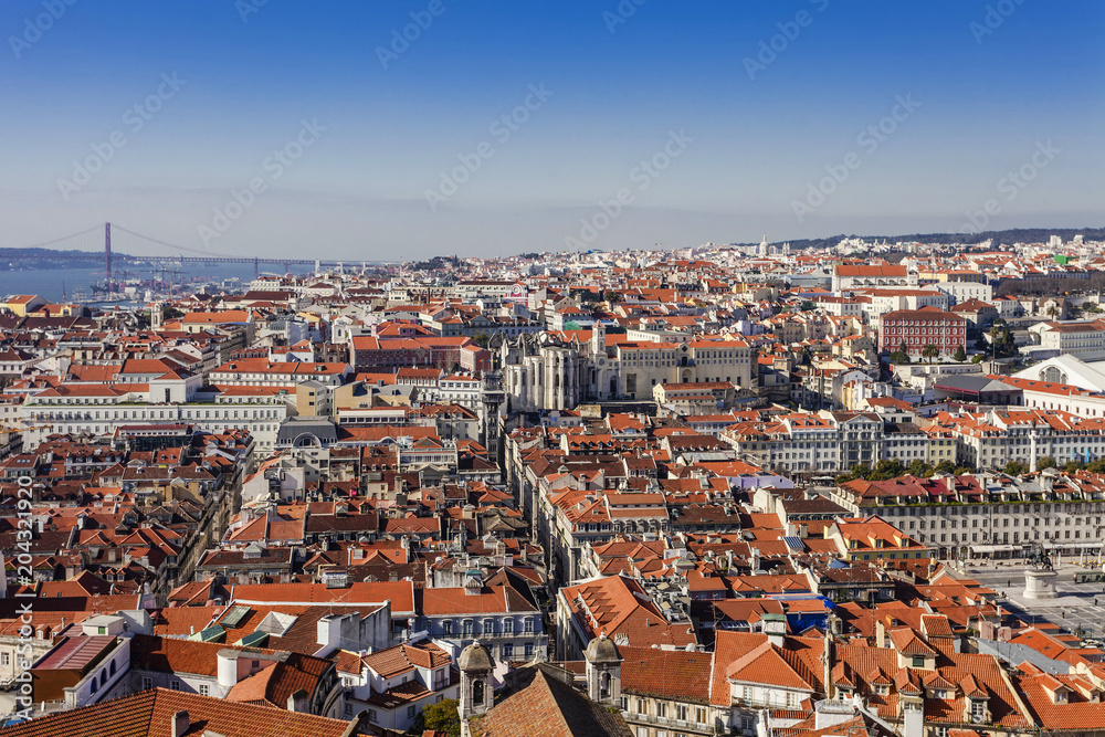 Baixa District of Lisbon seen from the Castelo de Sao Jorge aka Saint George Castle with the Figueira Square, Santa Justa lift and Carmo Convent Ruins. Portugal.