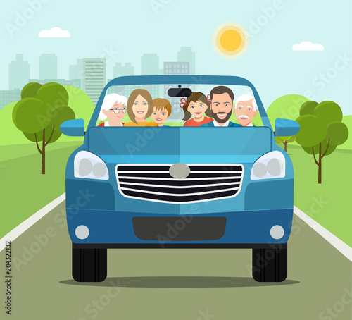 Funny big family driving in suv car on weekend holiday. Vector flat style illustration