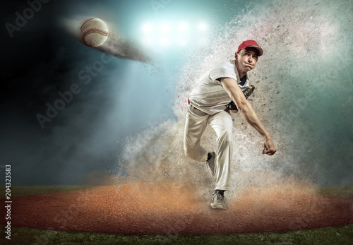 Baseball player in dynamic action around splash drops 