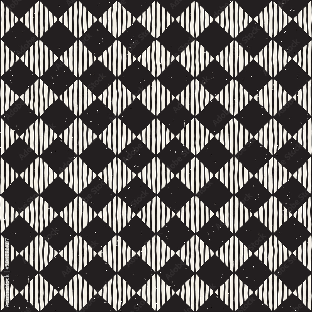 Hand drawn seamless repeating pattern with checker lines tiling. Grungy freehand background texture.
