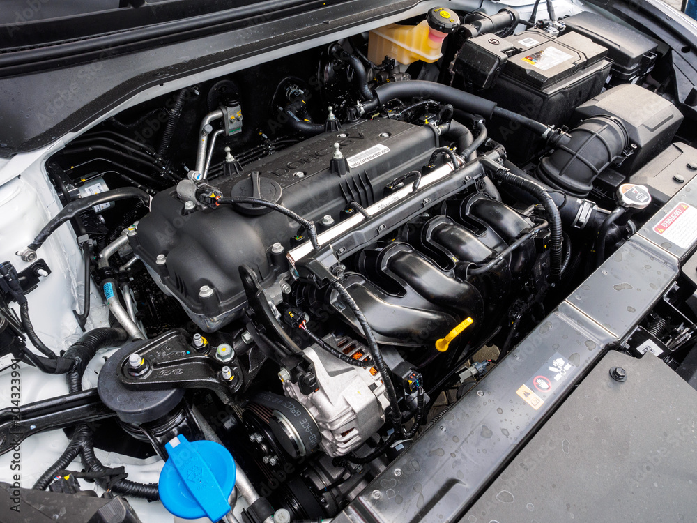 Close up detail of new car engine