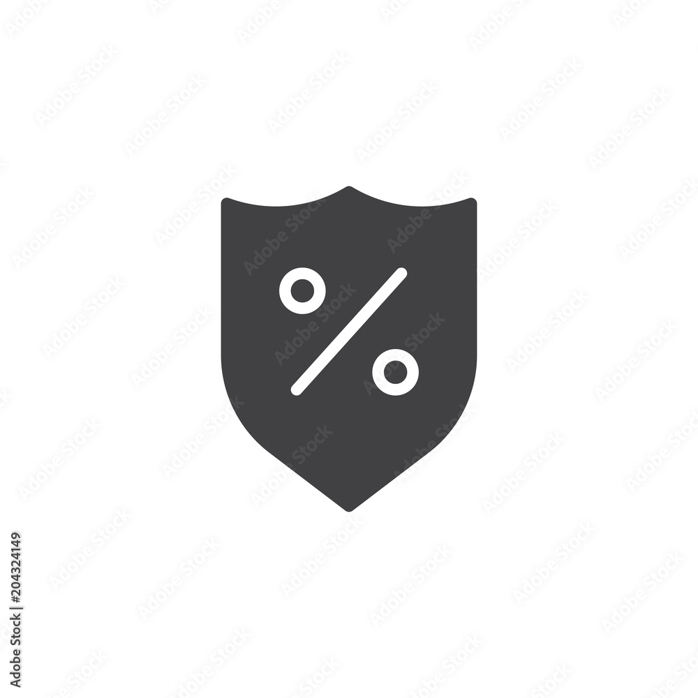 Shield with percent sign vector icon. filled flat sign for mobile concept and web design. Insurance safety simple solid icon. Symbol, logo illustration. Pixel perfect vector graphics
