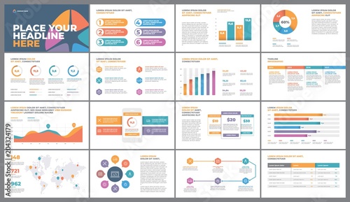 Presentation Template design. Business data graphs. Vector financial and marketing charts.