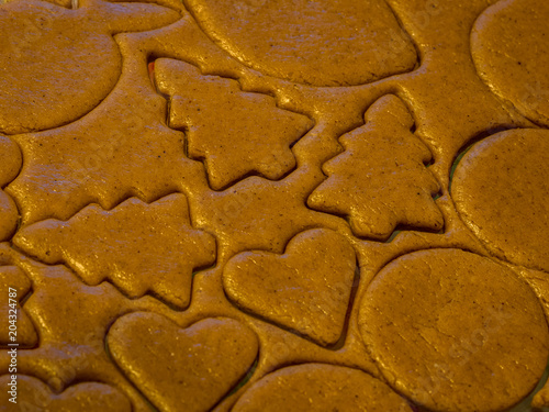 Homemade gingerbread cookies and baking ingredients. Gingerbread in the shape of a stylized human and other shapes. Scenes of kitchen during Christmas and Hannukah. Close-up shots of food being made.
