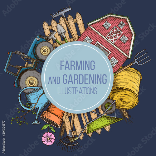 Set of farming equipment icons. Farming tools and agricultural machines decoration, sketch illustration. Vector