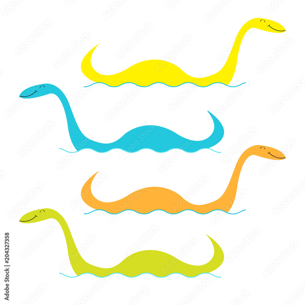 Loch Ness Nessy fictional creature big set. Water monster with eye, tail Swimming floating Sea ocean wave. Dinosaur shape. Funny Cute cartoon character. Baby collection. Flat design. White background. Loch Ness Nessy fictional creature big set. Water monster with eye, tail Swimming floating Sea ocean wave. Dinosaur shape. Funny Cute cartoon character. Baby collection. Flat design. White background.