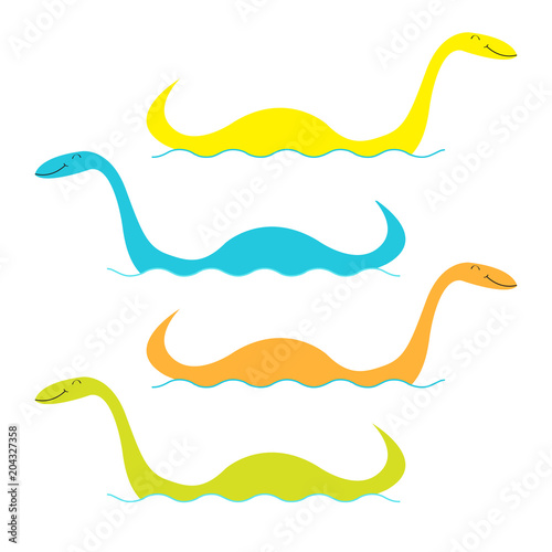 Loch Ness Nessy fictional creature big set. Water monster with eye, tail Swimming floating Sea ocean wave. Dinosaur shape. Funny Cute cartoon character. Baby collection. Flat design. White background.