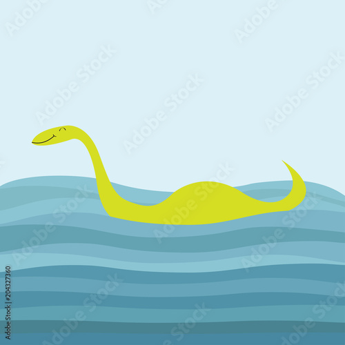 Loch Ness Nessy fictional creature. Dinosaur shape. Water monster. Swimming floating Sea ocean waves. Funny Cute cartoon character. Baby collection. Flat design. Blue background.