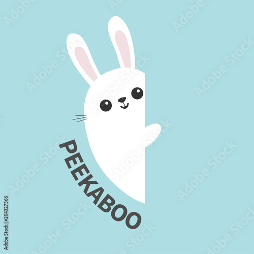 White bunny rabbit holding wall signboard. Cute cartoon funny animal hiding behind paper. Happy Easter symbol. Peekaboo text. Flat design. Pastel blue color background.