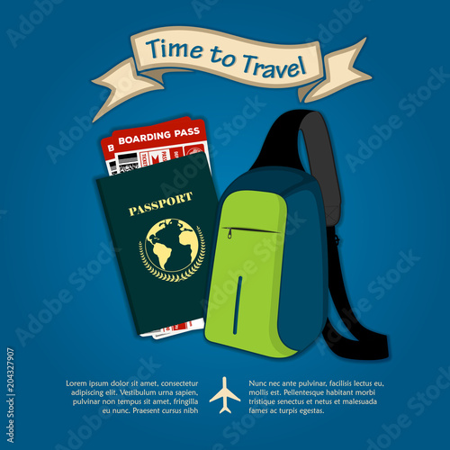 Time to travel. Bag, international passport and boarding passes tickets for traveling by plane. Concept for travel and vacations. Vector illustration